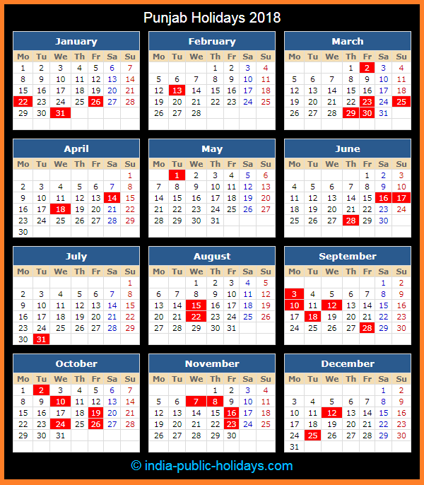 Punjab Holiday Calendar 2018